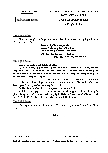 Đề kiểm tra học kỳ I môn Ngữ văn Lớp 9 - Năm học 2014-2015 - Phòng GD&ĐT Bình Giang (Kèm hướng dẫn chấm)