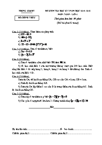 Đề kiểm tra học kỳ I môn Toán Lớp 6 - Năm học 2014-2015 (Kèm hướng dẫn chấm)