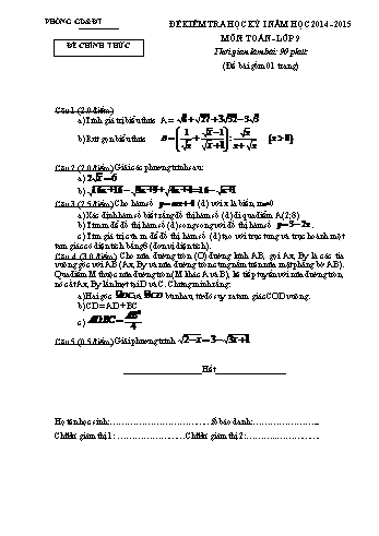 Đề kiểm tra học kỳ I môn Toán Lớp 9 - Năm học 2014-2015 (Kèm hướng dẫn chấm)