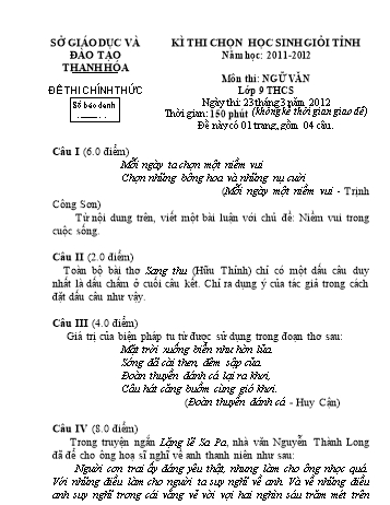 Đề thi chọn học sinh giỏi tỉnh môn Ngữ văn lớp 9 THCS - Năm học 2011-2012 - Sở GD&ĐT Thanh Hóa (Kèm hướng dẫn chấm)