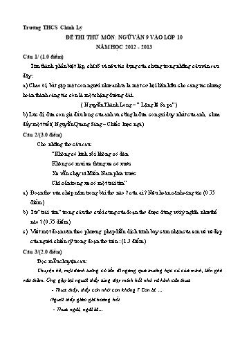 Đề thi thử vào lớp 10 môn Ngữ văn Lớp 9 - Năm học 2012-2013 - Trường THCS Chính Lý