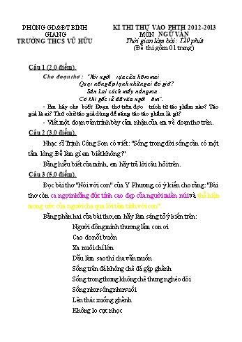 Đề thi thử vào THPT môn Ngữ văn - Năm học 2012-2013 - Trường THCS Vũ Hữu (Có đáp án và biểu điểm)