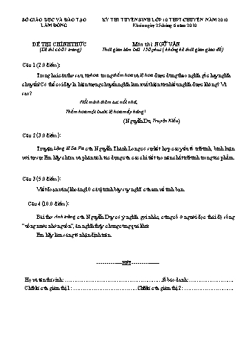 Đề thi tuyển sinh lớp 10 THPT chuyên năm 2010 môn Ngữ văn - Sở GD&ĐT Lâm Đồng
