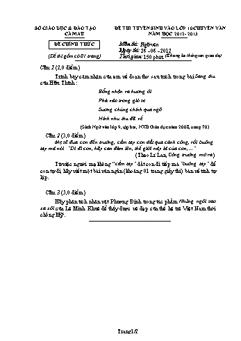 Đề thi tuyển sinh vào lớp 10 chuyên văn môn Ngữ văn - Năm học 2012-2013 - Sở GD&ĐT Cà Mau (Có đáp án)