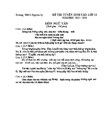 Đề thi tuyển sinh vào lớp 10 môn Ngữ văn - Năm học 2012-2013 - Trường THCS Nguyên Lý (Kèm hướng dẫn chấm)