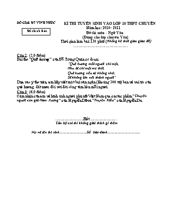Đề thi tuyển sinh vào lớp 10 THPT chuyên môn Ngữ văn - Năm học 2010-2011 - Sở GD&ĐT Vĩnh Phúc (Kèm hướng dẫn chấm)