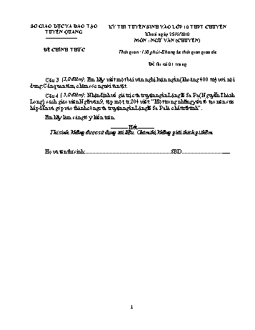 Đề thi tuyển sinh vào lớp 10 THPT môn Ngữ văn (chuyên) - Sở GD&ĐT Tuyên Quang (Kèm hướng dẫn chấm)