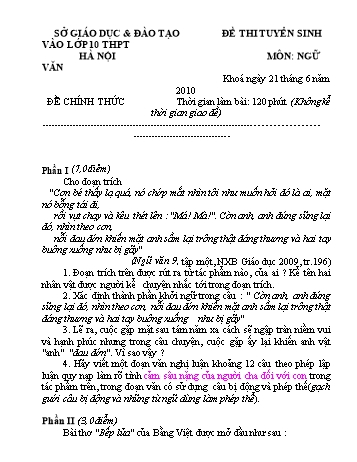 Đề thi tuyển sinh vào lớp 10 THPT môn Ngữ văn - Sở GD&ĐT Hà Nội (Có đáp án)