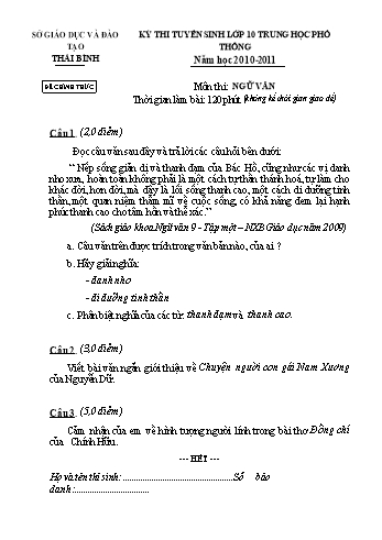 Đề thi tuyển sinh vào lớp 10 Trung học Phổ thông môn Ngữ văn - Năm học 2010-2011 - Sở GD&ĐT Thái Bình (Kèm hướng dẫn chấm)