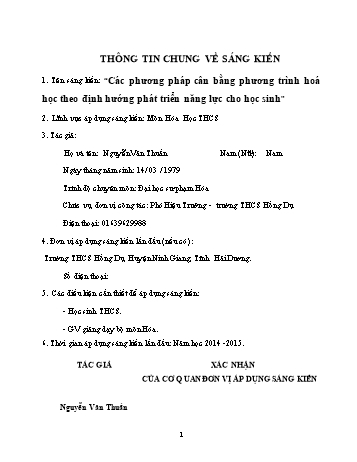 Sáng kiến kinh nghiệm Các phương pháp cân bằng phương trình hoá học theo định hướng phát triển năng lực cho học sinh