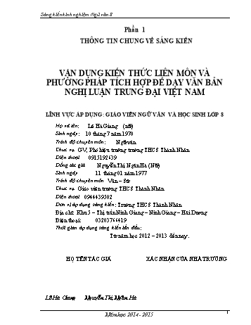 Sáng kiến kinh nghiệm Vận dụng kiến thức liên môn và phương pháp tích hợp để dạy văn bản nghị luận trung đại Việt Nam