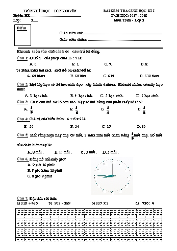 Bài kểm tra cuối học kì I môn Toán Lớp 3 - Năm học 2017-2018 - Trường Tiểu học Đông Xuyên