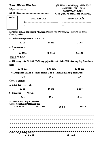 Bài kiểm tra chất lượng giữa kỳ I môn Toán Lớp 3 - Năm học 2013-2014 - Trường Tiểu học Hồng Đức