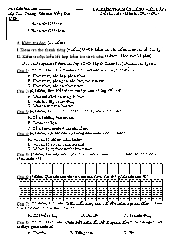 Bài kiểm tra cuối học kì 2 môn Tiếng Việt Lớp 2 - Năm học 2016-2017 - Trường Tiểu học Hồng Đức (Có đáp án và biểu điểm)