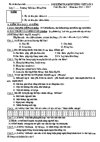Bài kiểm tra cuối học kì 2 môn Tiếng Việt Lớp 3 - Năm học 2016-2017 - Trường Tiểu học Hồng Đức