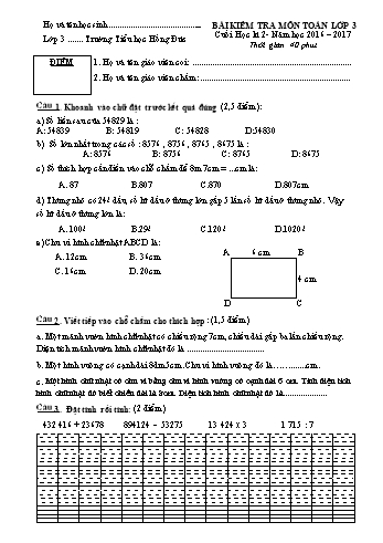 Bài kiểm tra cuối học kì 2 môn Toán Lớp 3 - Năm học 2016-2017 - Trường Tiểu học Hồng Đức (Có đáp án và biểu điểm)