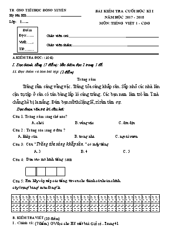 Bài kiểm tra cuối học kì I môn Tiếng Việt Lớp 1 - Năm học 2017-2018 - Trường Tiểu học Đông Xuyên