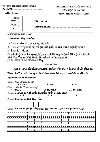 Bài kiểm tra cuối học kì I môn Tiếng Việt Lớp 1 - Năm học 2018-2019 - Trường Tiểu học Đông Xuyên (Kèm hướng dẫn chấm)