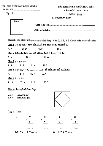 Bài kiểm tra cuối học kì I môn Toán Lớp 1 - Năm học 2018-2019 - Trường Tiểu học Đông Xuyên (Có đáp án)