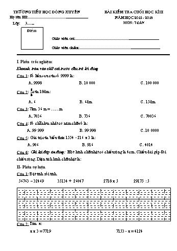 Bài kiểm tra cuối học kì II môn Toán Lớp 3 - Năm học 2015-2016 - Trường Tiểu học Đông Xuyên