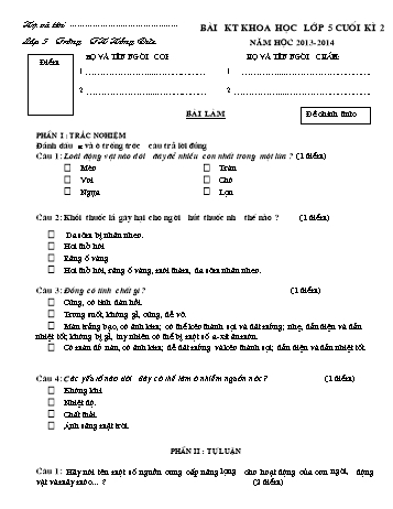 Bài kiểm tra cuối kì 2 môn Khoa học Lớp 5 - Năm học 2013-2014 - Trường Tiểu học Hồng Đức