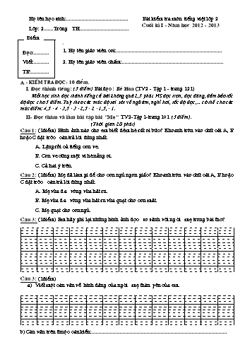 Bài kiểm tra cuối kì I môn Tiếng Việt Lớp 2 - Năm học 2012-2013 (Kèm hướng dẫn chấm)