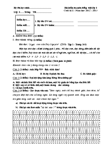 Bài kiểm tra cuối kì I môn Tiếng Việt Lớp 3 - Năm học 2012-2013 (Kèm hướng dẫn chấm)