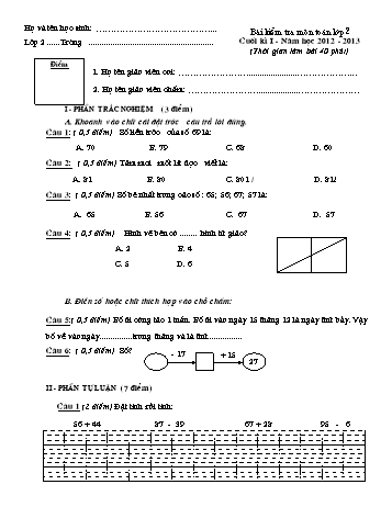Bài kiểm tra cuối kì I môn Toán Lớp 2 - Năm học 2012-2013 (Kèm hướng dẫn chấm)