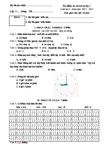 Bài kiểm tra cuối kì I môn Toán Lớp 3 - Năm học 2012-2013 (Kèm hướng dẫn chấm)