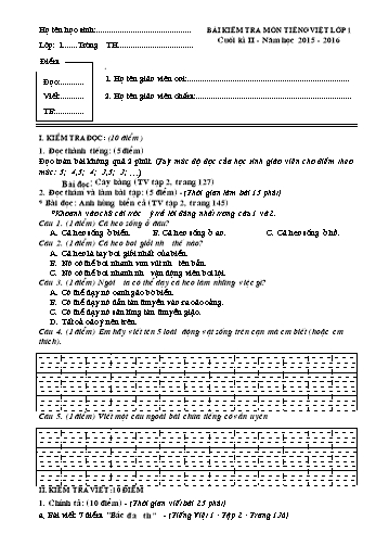 Bài kiểm tra cuối kì II môn Tiếng Việt Lớp 1 - Năm học 2015-2016