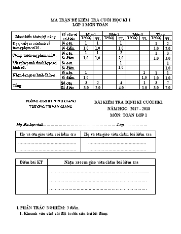 Bài kiểm tra định kì cuối học kì 1 môn Toán Lớp 1 - Năm học 2017-2018 - Trường Tiểu học Văn Giang (Kèm hướng dẫn chấm)