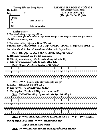 Bài kiểm tra định kì cuối kì I môn Tiếng Việt, Toán Lớp 2 - Năm học 2017-2018 - Trường Tiểu học Đông Xuyên