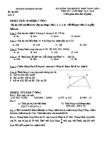 Bài kiểm tra định kì cuối kì I môn Toán Lớp 4 - Năm học 2017-2018 - Trường Tiểu học Đông Xuyên