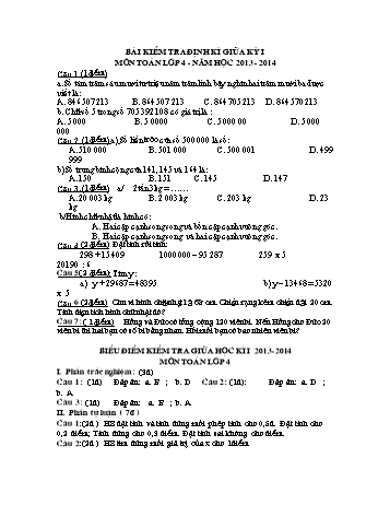 Bài kiểm tra định kì giữa kỳ I môn Toán Lớp 4 - Năm học 2013-2014 (Có đáp án)