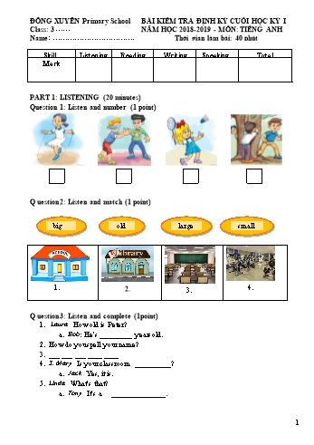 Bài kiểm tra định kỳ cuối học kỳ I môn Tiếng Anh Lớp 3 - Năm học 2018-2019 - Trường Tiểu học Đông Xuyên