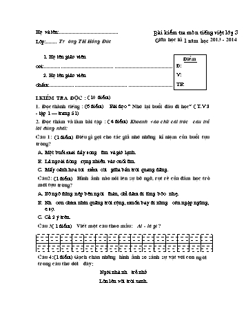 Bài kiểm tra giữa học kì 1 môn Tiếng Việt Lớp 3 - Năm học 2013-2014 - Trường Tiểu học Hồng Đức