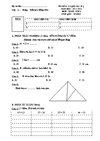 Bài kiểm tra giữa học kì 1 môn Toán Lớp 2 - Năm học 2013-2014 - Trường Tiểu học Hồng Đức