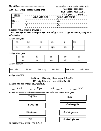 Bài kiểm tra giữa học kì I môn Tiếng Việt Lớp 1 - Năm học 2013-2014 - Trường Tiểu học Hồng Đức