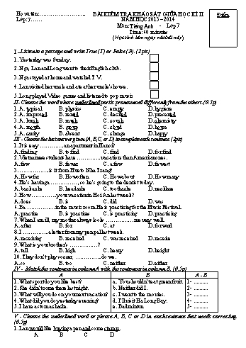 Bài kiểm tra khảo sát giữa học kì II môn Tiếng Anh Lớp 7 - Năm học 2013-2014 (Có đáp án)