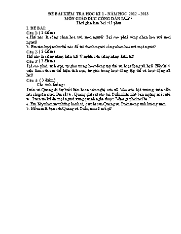 Đề bài kiểm tra học kì 1 môn Giáo dục công dân Lớp 6 - Năm học 2012-2013 (Có đáp án và biểu điểm)