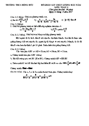 Đề khảo sát chất lượng đầu năm môn Toán Lớp 9 - Trường THCS Hồng Đức