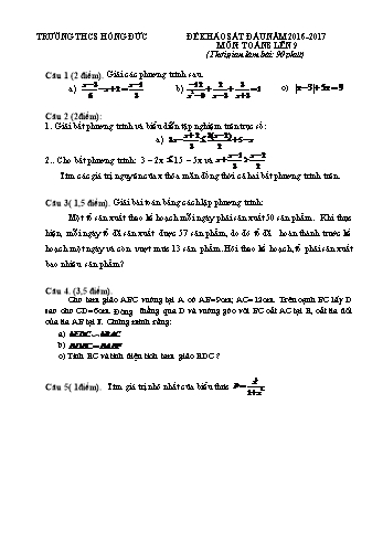 Đề khảo sát đầu năm môn Toán 8 lên 9 - Năm học 2016-2017 - Trường THCS Hồng Đức