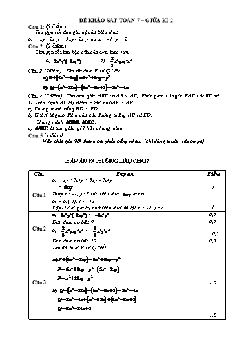 Đề khảo sát giữa kì 2 môn Toán Lớp 7 (Kèm hướng dẫn chấm)
