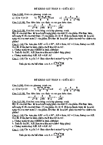 Đề khảo sát giữa kì 2 môn Toán Lớp 8 (Có đáp án và biểu điểm)