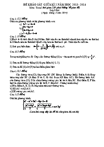 Đề khảo sát giữa kì 2 môn Toán Lớp 9 - Năm học 2013-2014 (Có đáp án và biểu điểm)