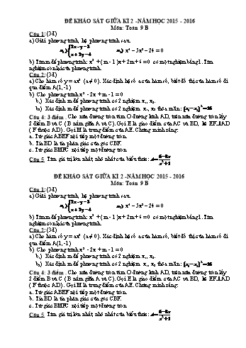 Đề khảo sát giữa kì 2 môn Toán Lớp 9 - Năm học 2015-2016