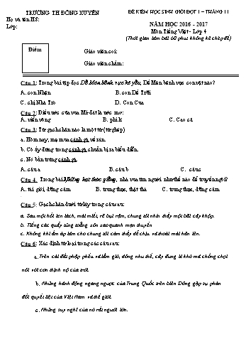 Đề kiểm học sinh giỏi đợt 1 tháng 11 môn Tiếng Việt Lớp 4 - Năm học 2016-2017 - Trường Tiểu học Đông Xuyên (Có đáp án)