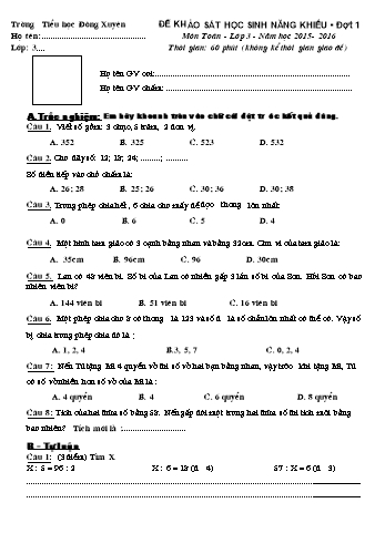 Đề kiểm học sinh năng khiếu đợt 1 môn Toán Lớp 3 - Năm học 2015-2016 - Trường Tiểu học Đông Xuyên
