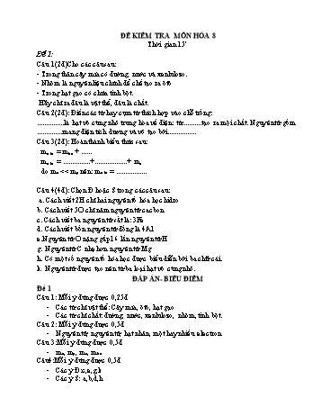 Đề kiểm tra 15 phút môn Hóa học Lớp 8 (Có đáp án và biểu điểm)