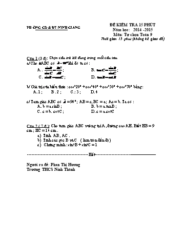 Đề kiểm tra 15 phút môn Tự chọn Toán 9 - Năm học 2014-2015 - Trường THCS Ninh Thành (Có đáp án và biểu điểm)